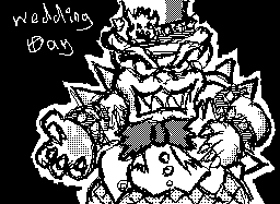 Small black and white sketch of Bowser in a wedding suit and top hat, drawn on the Nintendo DS. Uses simple dithering patterns for light shading.